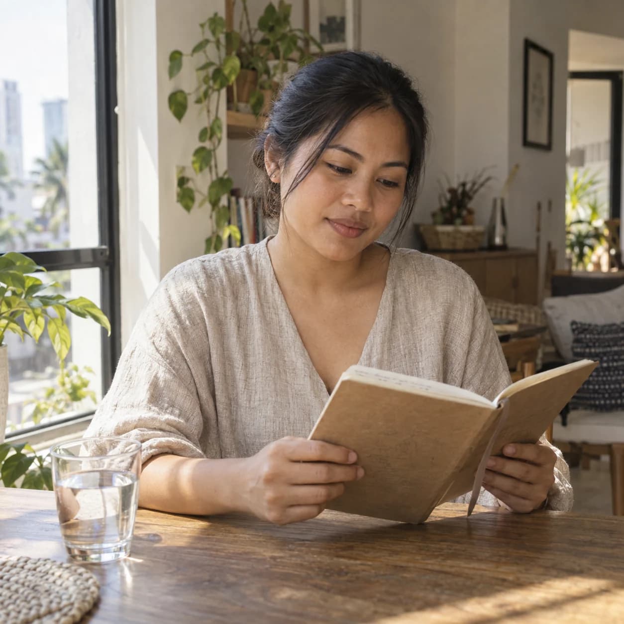 A woman taking time to review her notebook at home