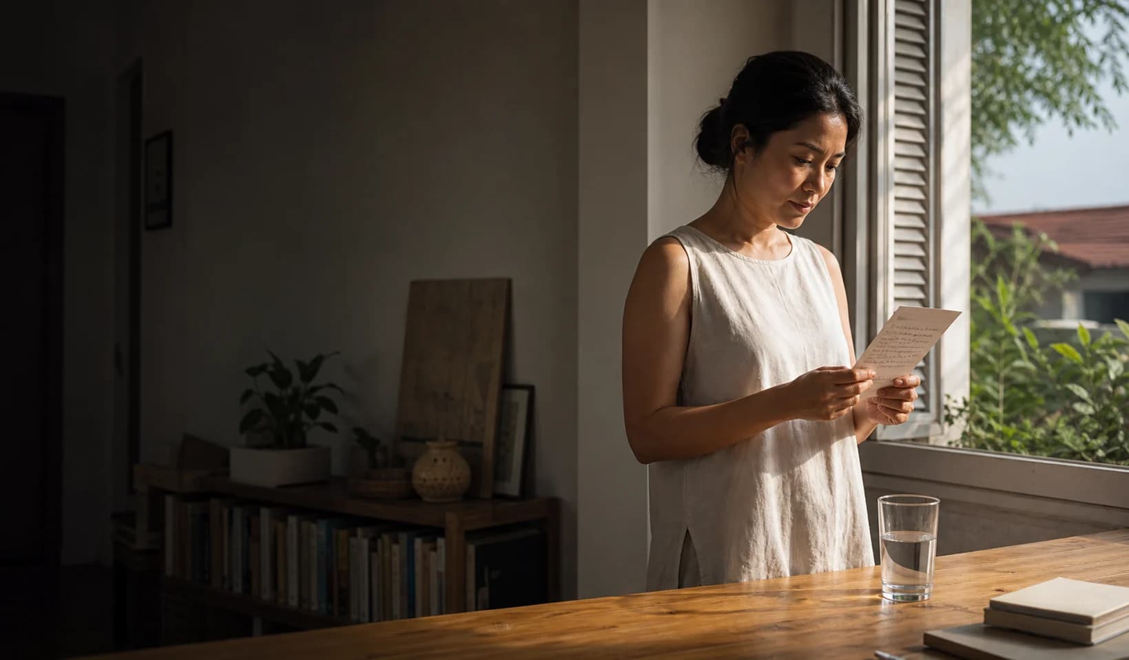 A woman reviewing a simple daily routine beside a bright window